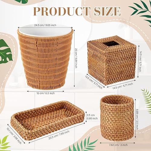 Cinnvoice 5 Pcs Boho Bathroom Accessories Set, Wicker Rattan Bathroom Decoration Includes Tissue Box Cover Toothbrush Holder Vanity Tray and Trash Can for Farmhouse Bedroom Toilet Countertop thumbnail 3