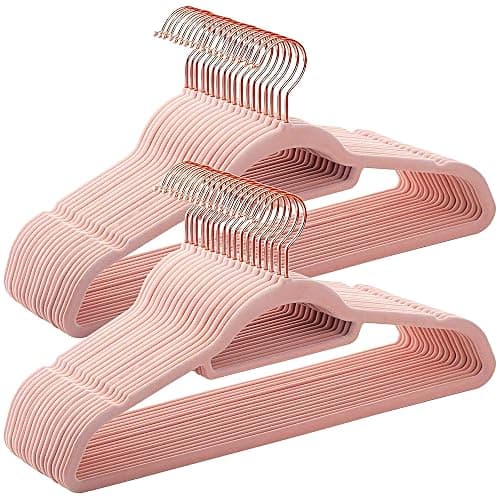 BGRQRIQ Pink Velvet Hangers 50 Pack - Rose Gold Hook, Space Saving Non-Slip Clothes Hangers, 16.5 Inch with Tie Bar for Coats,Sweater,Jackets,Dresses, Shirts, Suits & T-Shirts - Image 1
