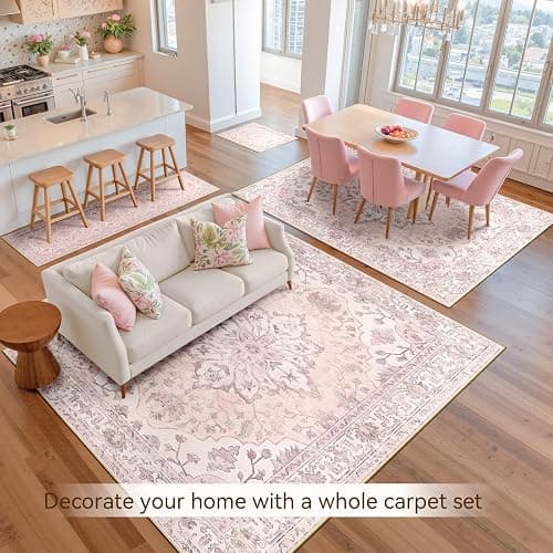 RELEANY Area Rugs 5'x7' Washable Non-Slip, Floral Vintage Distress Print Pattern Medallion Carpet for Living Room Bedroom Dining Room, Pink Greypink Cute | Non-Slip, Washable, Pattern, Distress Print, Cute thumbnail 9