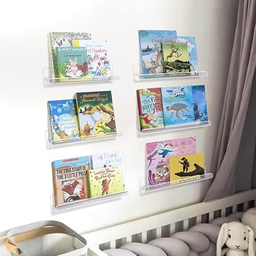 upsimples 6 Pack Clear Acrylic Shelves, 12" Nursery Bookshelves, Small Floating Bookshelf for Kids Baby, Vinyl Wall Mount, Record Holder, Magazine Rack, Comic Display, Picture Ledge Shelf Decor - 10 thumbnail 7