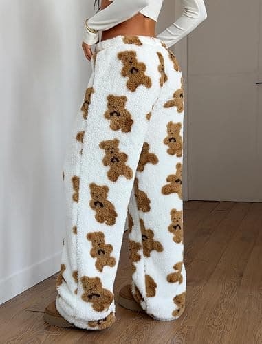 ZAFUL Women's Fuzzy Plush Pajama Pants Drawstring Elastic Waist Wide Leg Teddy Pj Bottoms Lounge Pants thumbnail 4