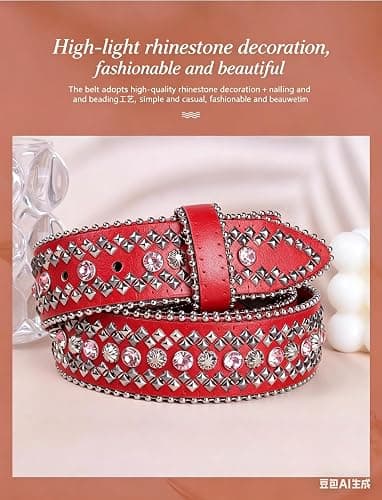 Women's Red Studded Belt with Angel Wing Heart Buckle, Rhinestone Embellished, Bohemian Style,Fits waistline 88-103CM thumbnail 5