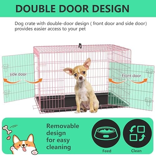 FDW 24 inch Dog Crate Dog Kennel Cage with Double Door Folding Metal Wire Dog Cage with Removable Tray&Divider Panel,Pet Crate for Small Dogs,Pink thumbnail 4