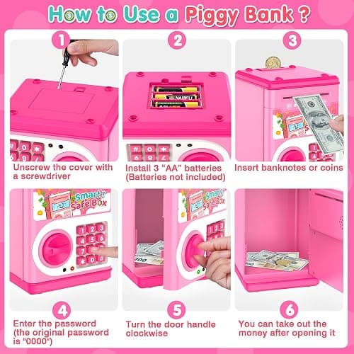 Pink Piggy Bank for Kids with Password Code Lock and Auto Grab Bill Slot, PhilaeEC Real Money Cash Coin Can Saving Box Electronic Money Safe Bank, Hot Gift for 4 7 8 9 10 11 Year Old Boys Girls thumbnail 7