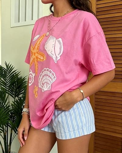 Women Summer Oversized Graphic Tee Shirts Cute Ocean Seashell Aesthetic Short Sleeve Baggy Tee Teen Girls Loose Top thumbnail 5