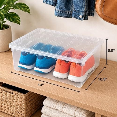 Basicwise Shoe Container – Clear 6 Quart Stackable Box with Lid, Small Plastic Bin for Shoes, Closet Organizer, Secure-Fit, See-Through, 10.5 x 14 x 5.5 in thumbnail 3