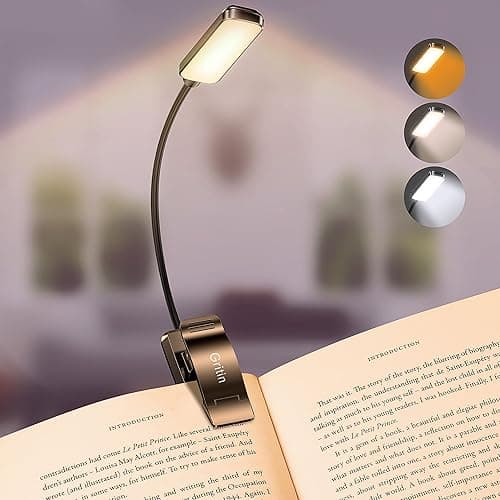 Gritin 9 LED Rechargeable Book Light for Reading in Bed - Eye Caring 3 Color Temperatures,Stepless Dimming Brightness,80 Hrs Runtime Small Lightweight Clip On Book Reading Light for Studying - Black