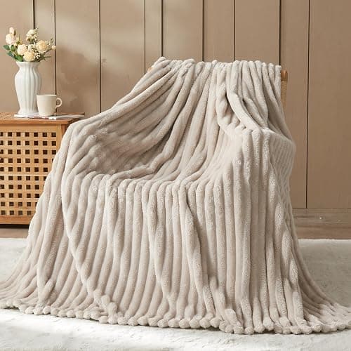 NEWCOSPLAY Super Soft Twin Blanket Linen Premium Silky Flannel Fleece 3D Ribbed Jacquard Lightweight Bed Blanket All Season Use (Linen Ribbed, Twin(60"x80")) - Image 1