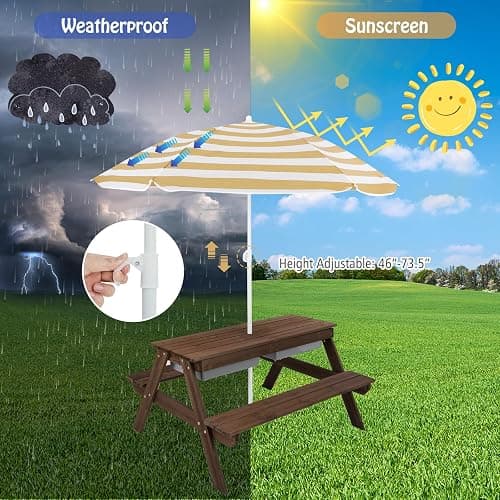 HONEY JOY Kids Picnic Table, 4 in 1 Cedar Wooden Sand & Water Table w/ 3 Removable Box & Umbrella, Kids Picnic Tables for Outdoors Backyard Garden, Toddler Patio Furniture Set for Boys Girls(Walnut) thumbnail 7