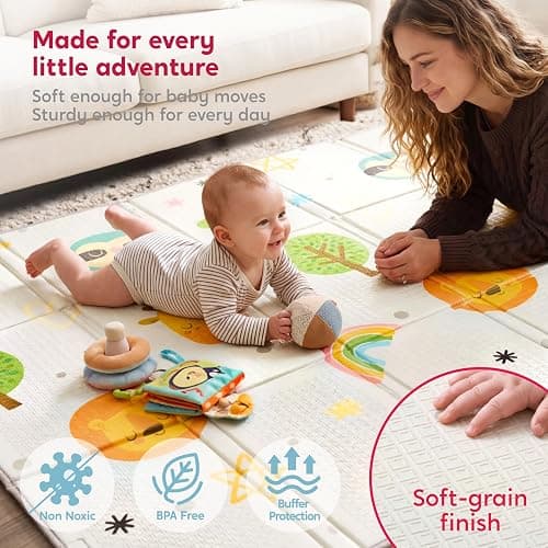 Baby Play Mat – Foldable 78"x51" XPE Foam Baby Floor Play Mat with Fabric Surface, Double-Sided Cute Print, Soft Non-Slip Tummy Time, Play Mat for Babies 0-12 Months, Nursery, Playroom, Living Room thumbnail 2