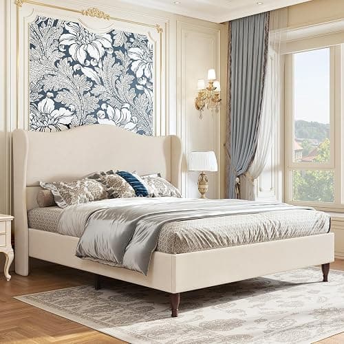 koorlian King Size Bed Frame Upholstered Platform Bed with 51" Tall Headboard Wingback, Soft Fabric, Retro Simple Style Platform Bed No Box Spring Needed, Easy Assembly, Beige thumbnail 3