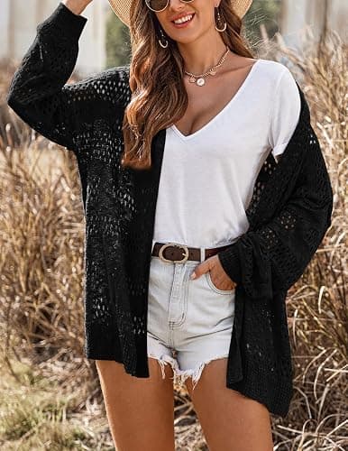 HOTOUCH Lightweight Crochet Cardigan for Women Long Sleeve Open Front Knit Oversized Cardigans Sweaters thumbnail 3