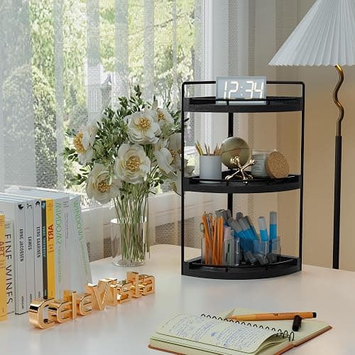CeleVista Corner Bathroom Counter Organizer, 3 Tier Bathroom Sink Shelf Countertop, Wood Vanity Skincare Storage for Toiletries Decor, Makeup, Dresser(Black) thumbnail 2