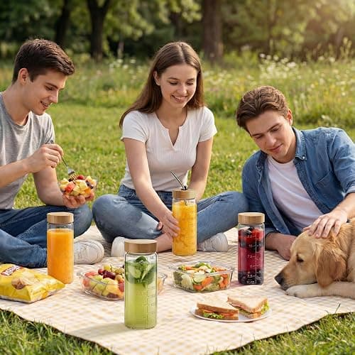 HomArtist 16oz Round Glass Juice Bottles with Lids, 6 Pack Reusable Juice Containers with Bamboo Lids, Glass Juicing jars with 4 Straws & 2 Airtight Lid with Hole for Drinking thumbnail 6