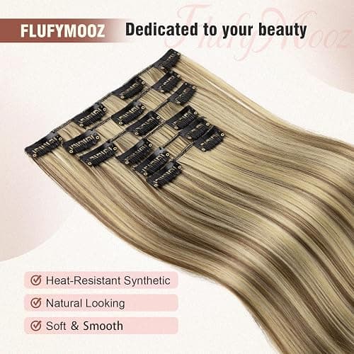 Flufymooz 6PC Clip in Hair Extensions 24" Straight Long Extensions for Women Synthetic Hairpiece (Brown with Blonde Highlights) thumbnail 3