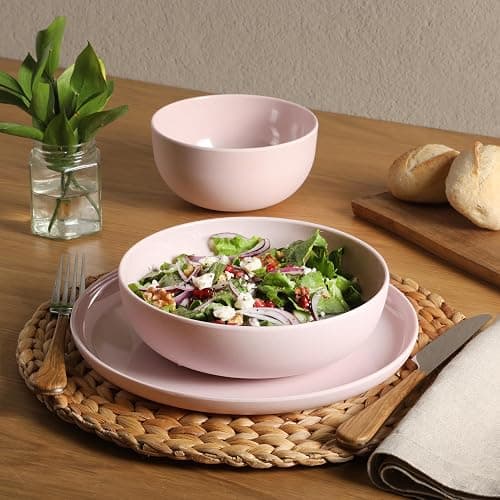 Gibson Home Candy Skies 12 Piece Unbreakable Wheat Straw Melamine Plates and Bowls Dinnerware Set - Outdoor, Camping, & Everyday Use - Matte Exterior/Shiny Interior Pink thumbnail 2