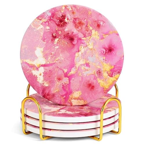 Lemonleaf Cute Pink Gold Drink Coasters Set of 4, 4 Inch Office Absorbent Desk Coasters with Holder - Image 1