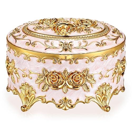 Hipiwe Vintage Metal Jewelry Box - Oval Trinket Organizer Ring Box Case with Rose Pattern Jewelry Storage Box for Ring Earrings Necklace, Gift for Women Girls - Small - Beige