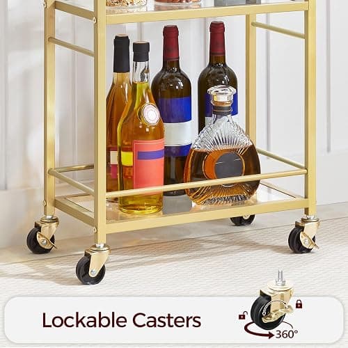 MAHANCRIS Bar Cart for The Home, 3-Tier Drink Cart on Wheels, Home Bar Serving Cart, Mini Bar Cart for Small Space, Kitchen, Dining Room, Gold RCJ40B01 thumbnail 6