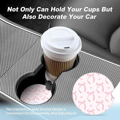 Cute Pink Bow Car Coasters for Cup Holders,2 Pack Car Cup Holder Coasters for Car,Ceramic Absorbent Car Coaster with A Finger Notch and Cork Base,Car Interior Accessories for Women Men thumbnail 7