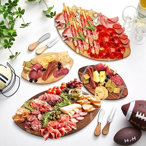 Ziliny Football Charcuterie Board Gift Set, Brown, 15x8.5in | Wood Serving Tray Cutting Board with Cheese Knives at Game Day Parties, Football Themed Prize for Sports Fans thumbnail 2