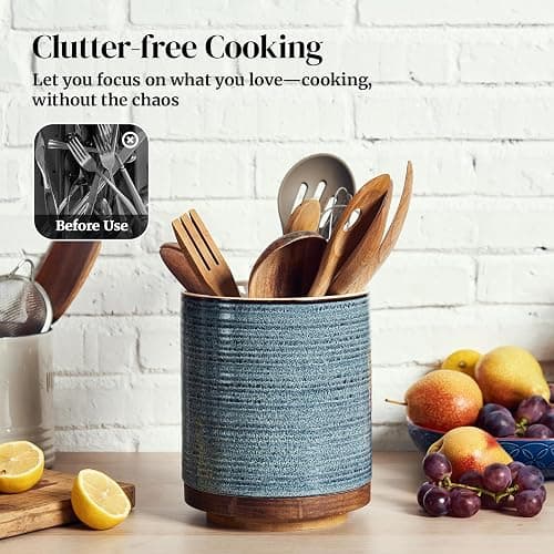 DOWAN 360° Rotating Extra Large Cooking Utensil Holder, 7.6" Kitchen Utensil Holder for Countertop, Utensil Crock for Farmhouse Kitchen Decor, Ceramic Stable Utensil Caddy, Blue thumbnail 6