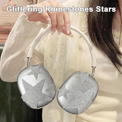 Bling Case Cover for AirPods Max, [5 in 1] Silicone Clear Sparkling Soft TPU Earcup/Ear Pad Case/Headband Cover Glittering Rhinestones Stars Accessories for Apple AirPods Max New USB-C (2024), White thumbnail 7