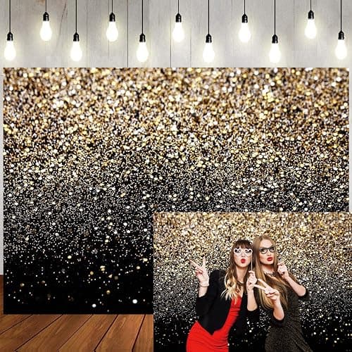 LTLYH 7x5ft Black and Gold Glitter Backdrop Happy New Year Eve Banner Decorations 2026 Gold Glitter Effect Backdrop for Birthday Party, New Year, Wedding, Glam Photo Booth Decoration 129 - Image 1
