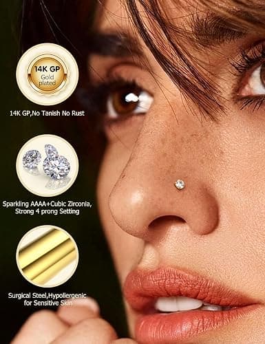 FIBO STEEL 18g 20g Nose Rings Hoops Nose Studs - Hypoallergenic Surgical Steel CZ Nose Stud L Shape Body Nostril Piercing Jewelry for Women Men 14k Gold Plated 20Pcs thumbnail 2