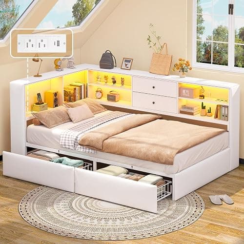 Twin Corner Bed Frame with Storage Bookcase and 4 Drawers, Upholstered Daybed Twin Size with Charging Station & LED Lights, White L-Shape Twin Size Bed Frames Metal Platform Bed for Kids Teenagers - Image 1