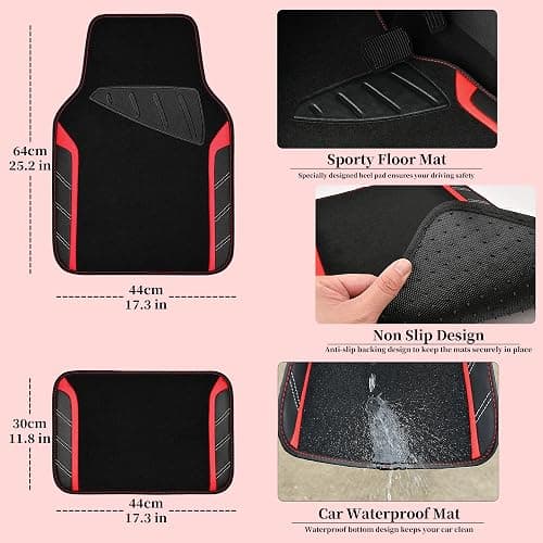 CAR PASS Leather Steering Wheel Cover and Waterproof Car Floor Mats,Microfiber Universal Car Combo Fit for 95% Sedan,SUV,Cars,14.5-15inch Sporty Anti-Slip Safety Comfortable Design(Black＆Red) thumbnail 4