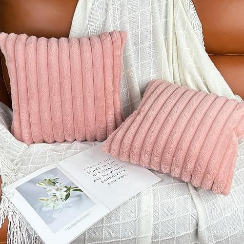 18x18 Throw Pillow Covers Set of 2, Decorative Faux Fur Covers for Bed, Couch Soft Fluffy Pillow Cover with Velvet Back for Living Room, Neutral Home Décor Accent for Sofa - Pink - Pink - 18" x 18" (Pack of 2) thumbnail 2