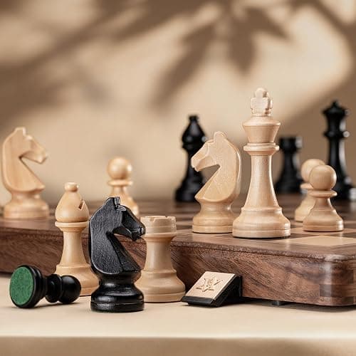 A&A Premium Chess Board Game Set, 15" Wooden Chess Board & 3" King Height Unique Chess Pieces with 2 Extra Queens, Portable Travel Chess Set for Adults Kids (Natural Walnut, 15 Inches) thumbnail 3