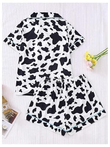 WDIRARA Women's Two Piece Animal Print Short Sleeve Button Shirt and Elastic Waist Shorts Pajama Set thumbnail 3