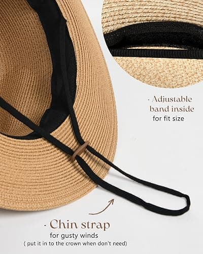 FURTALK Sun Hats for Women Men Adjustable Summer Panama Fedora Wide Brim UPF 80+ Foldable Packable Straw Beach Hat thumbnail 4