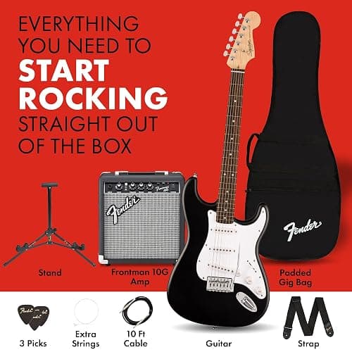 Fender Squier Debut Series Stratocaster Electric Guitar Kit, Beginner Guitar Kit, with 2-Year Warranty, with Padded Gig Bag, Frontman 10G Amp, Strap, and More, Includes Free Lessons, Black thumbnail 2