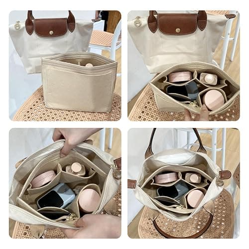 OAikor Felt Purse Organizer Insert for Longchamp Le Pliage L Tote Bag & M Handbag, Zipper Long Champ Bag Organizer Insert with Cup Holder, Women Bags Divider Shaper with 8 Compartments (Beige,L) thumbnail 8