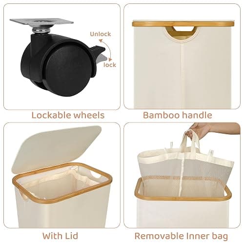 iEGrow Laundry Basket with Wheels, 110L Clothes Hamper for Laundry, Laundry Hamper with Lid and Inner Bag, for Laundry Room, Bedroom, Dormitory Storage,Beige thumbnail 3