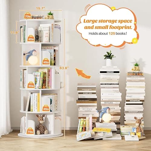 Aheaplus Rotating Bookshelf, 360 Display Wood Spinning Bookshelf Tower, 5 Tier Floor Standing Bookcase Storage Rack, Revolving Bookcase Corner Bookshelfs for Small Space, Bedroom, Study Room, White thumbnail 7