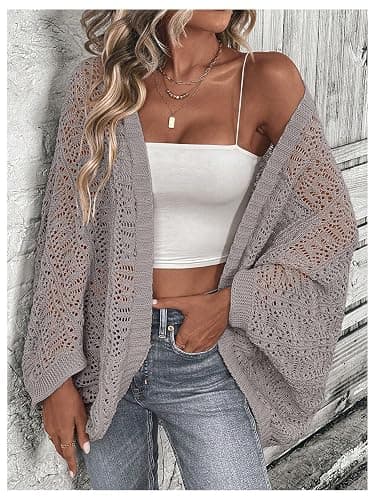 SHENHE Women's Open Front Loose Hollow Out Casual Dolman Sleeve Asymmetrical Cardigan Sweater Spring Outerwear thumbnail 4