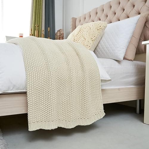 Chunky Cable Knit Throw Blanket Lightweight Cream 100% Organic Cotton Blanket for Sofa Couch Bed Baby Nursery, Rustic Shabby Chic Modern Farmhouse, 51” x 63” Give Laundering Bag thumbnail 9