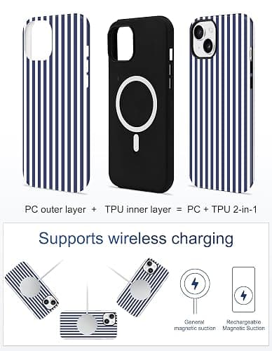 Jusy Compatible with MagSafe Striped Phone Case for iPhone 13/14, Cute Aesthetic Magnetic Soft TPU and Hard PC Protective Phone Cover for Women Girls（Matte） - Navy Blue thumbnail 5