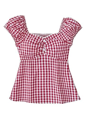 SOLY HUX Girl's Gingham Tops Y2K Cute Blouse Summer Sweetheart Neck Shirts Aesthetic Clothes - Image 1