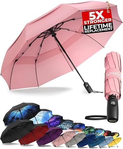 TUMELLA Strongest Windproof Travel Umbrella (Compact, Superior & Beautiful), Small, Wind-Tested, Light & Portable, Automatic Folding Rain Umbrella, Durable Premium Grip, Fits Car and Backpack - Image 1