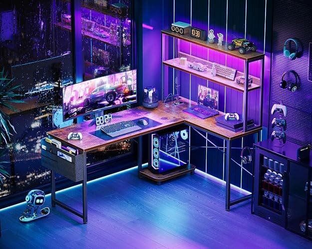 AODK L Shaped Desk Gaming Desk with LED Light & Power Outlet, 53 Inch Reversible L Shaped Computer Table with Shelf & Storage Bag & Hook for Home Office, Vintage thumbnail 2