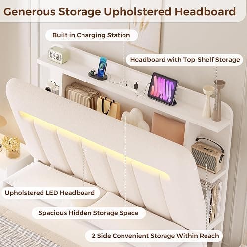 Jocoevol Full Size Bed Frame with Storage Headboard,Upholstered White Bed Frame Full with Storage Drawers and Charging Station,Velvet Platform Metal Bed, Noise-Free No Box Spring Needed thumbnail 3