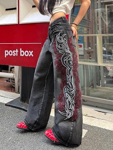 OYICAI Damen Baggy Stickerei Jeans Hip Hop Weite Denim-Hosen | Y2K-Look der 2000er Jahre, übergroßer, Skater-Streetwear, locker bequeme Passform, Skateboard geeignet, casual thumbnail 3