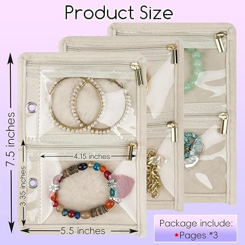 LingLingo Travel Jewelry Organizer Case,Small Jewelry Bags Jewelry Storage Book Ring Binder with Clear Zipper Velvet Pouch for Traveling (Inner Pages,Beige,3 PCS,Medium) thumbnail 2