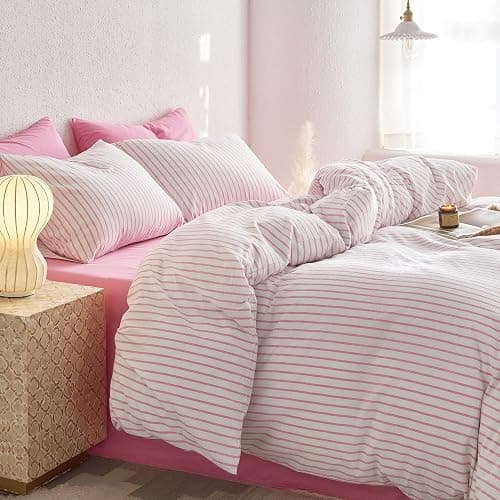 Wake In Cloud - Striped Cotton Duvet Cover Set, Ticking Stripe Vertical Pinstripe Farmhouse, 100% Washed Cotton Textured Percale Bedding Set, 3 Pieces, Pink White, Twin Size thumbnail 5