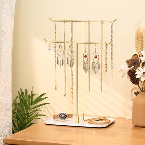Josmimic Necklace Holder jewellery Stand Organizer for Necklaces and Bracelets, Metal Display Stand, Gift for Women, Ideal for Home, Bedroom, or Vanity, Gold thumbnail 3